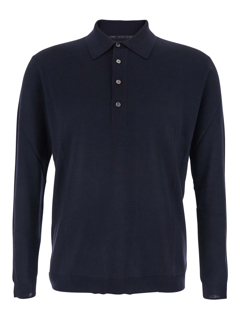 Blue Sweater with Polo Shirt Style Collar and Long Sleeves in Wool Man