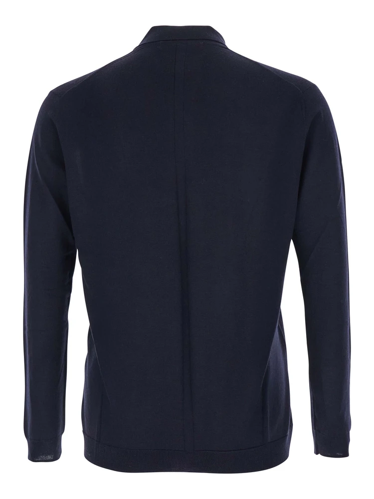 Blue Sweater with Polo Shirt Style Collar and Long Sleeves in Wool Man alternative