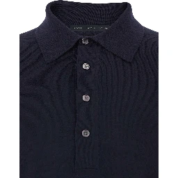 Blue Sweater with Polo Shirt Style Collar and Long Sleeves in Wool Man