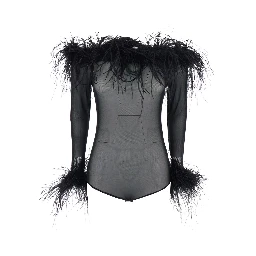 Zuben Black Top with Boat Neck and Removable Feathers Applied to the Edges in Stretch Tulle Woman