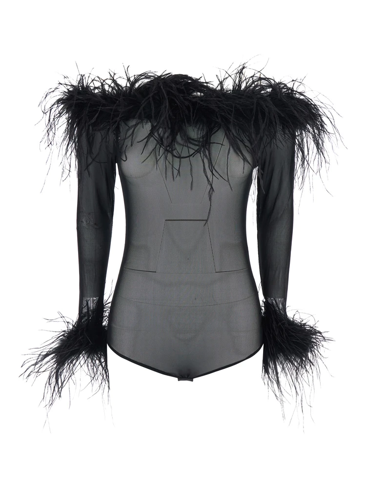 Zuben Black Top with Boat Neck and Removable Feathers Applied to the Edges in Stretch Tulle Woman