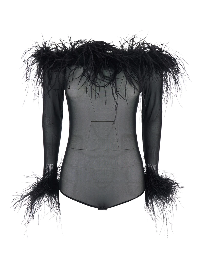 Zuben Black Top with Boat Neck and Removable Feathers Applied to the Edges in Stretch Tulle Woman