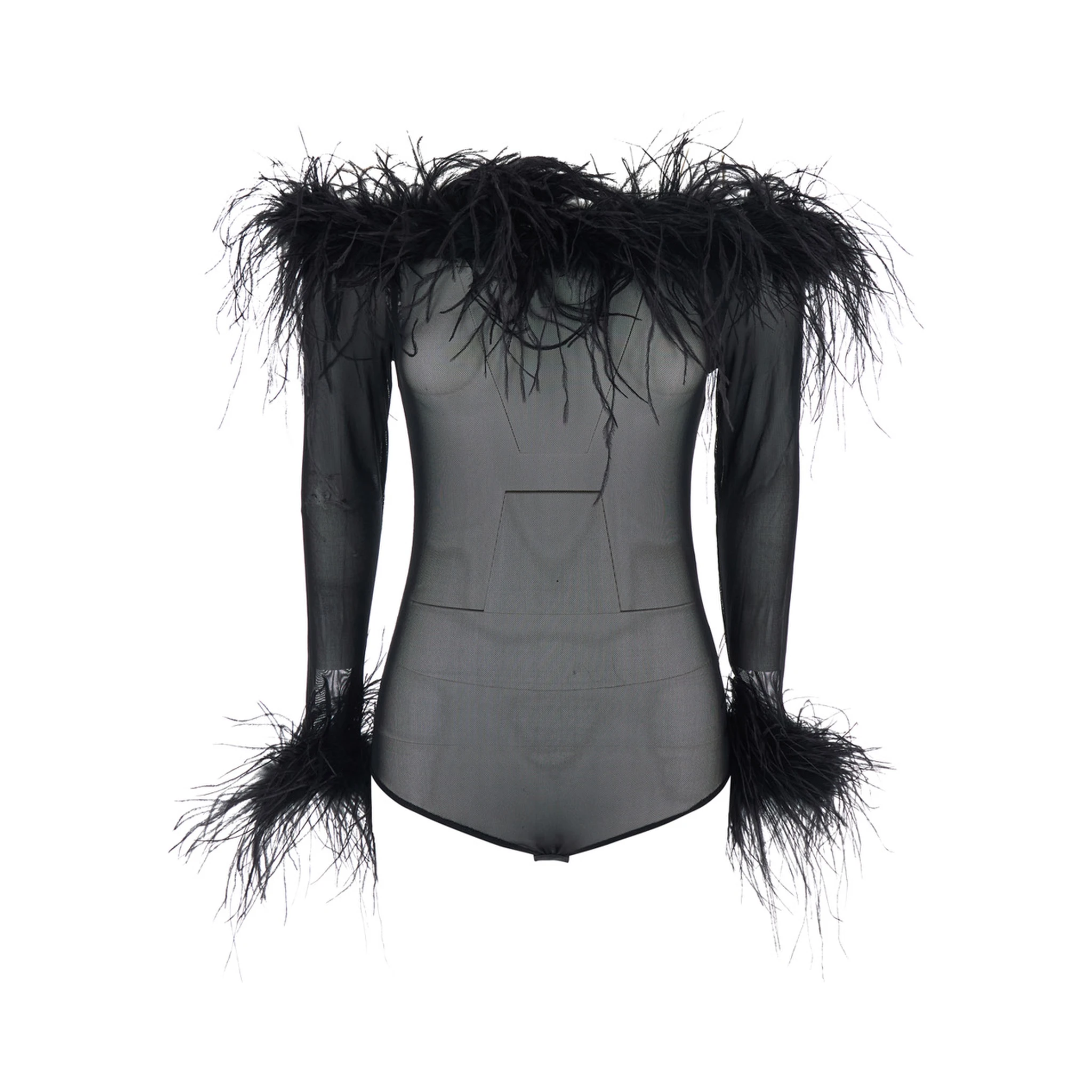 Zuben Black Top with Boat Neck and Removable Feathers Applied to the Edges in Stretch Tulle Woman