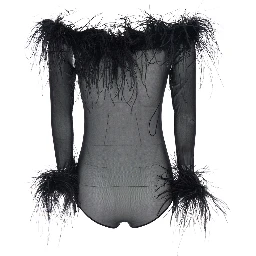 Zuben Black Top with Boat Neck and Removable Feathers Applied to the Edges in Stretch Tulle Woman