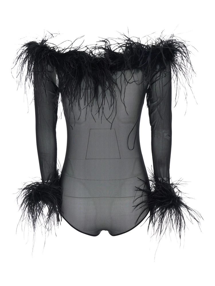 Zuben Black Top with Boat Neck and Removable Feathers Applied to the Edges in Stretch Tulle Woman alternative