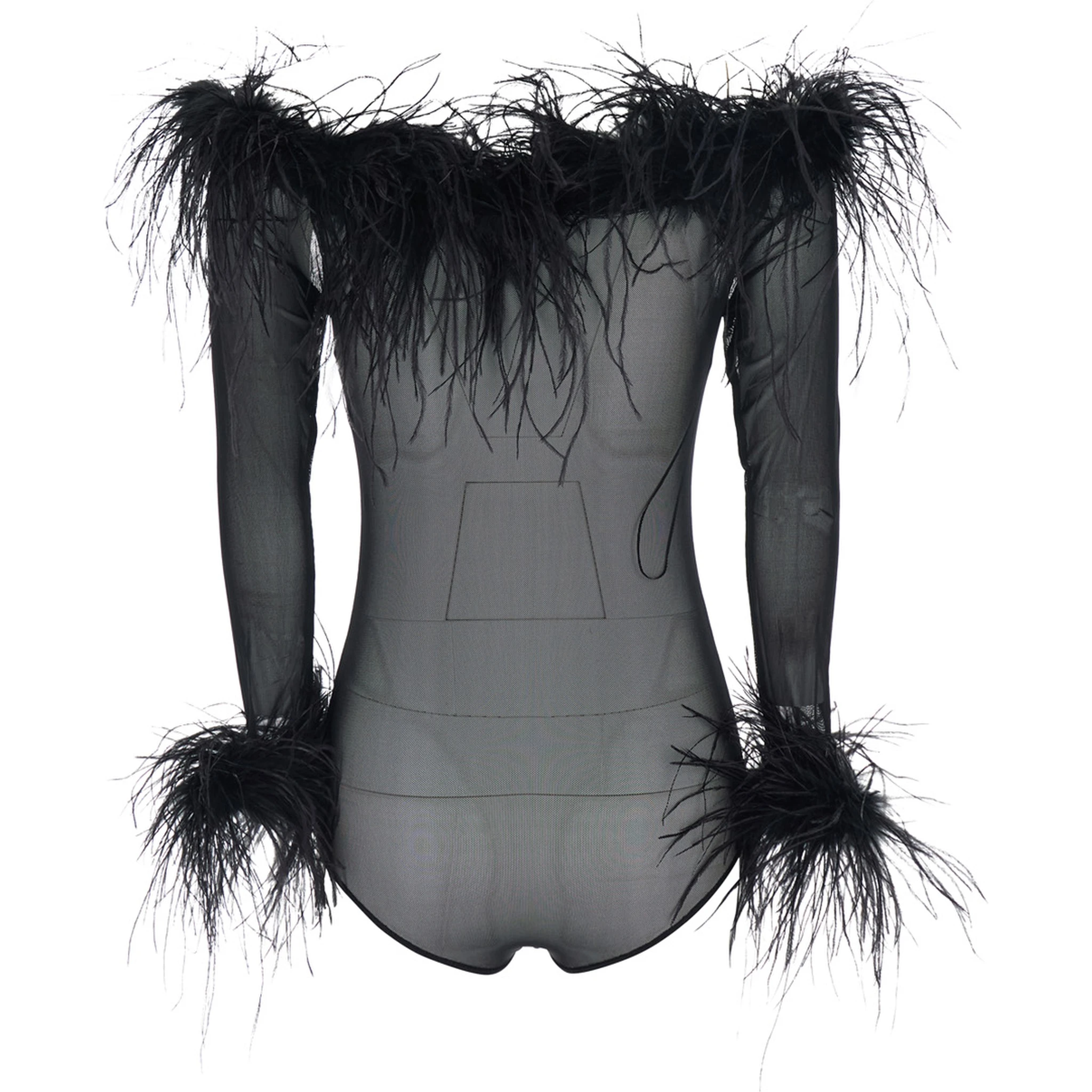 Zuben Black Top with Boat Neck and Removable Feathers Applied to the Edges in Stretch Tulle Woman