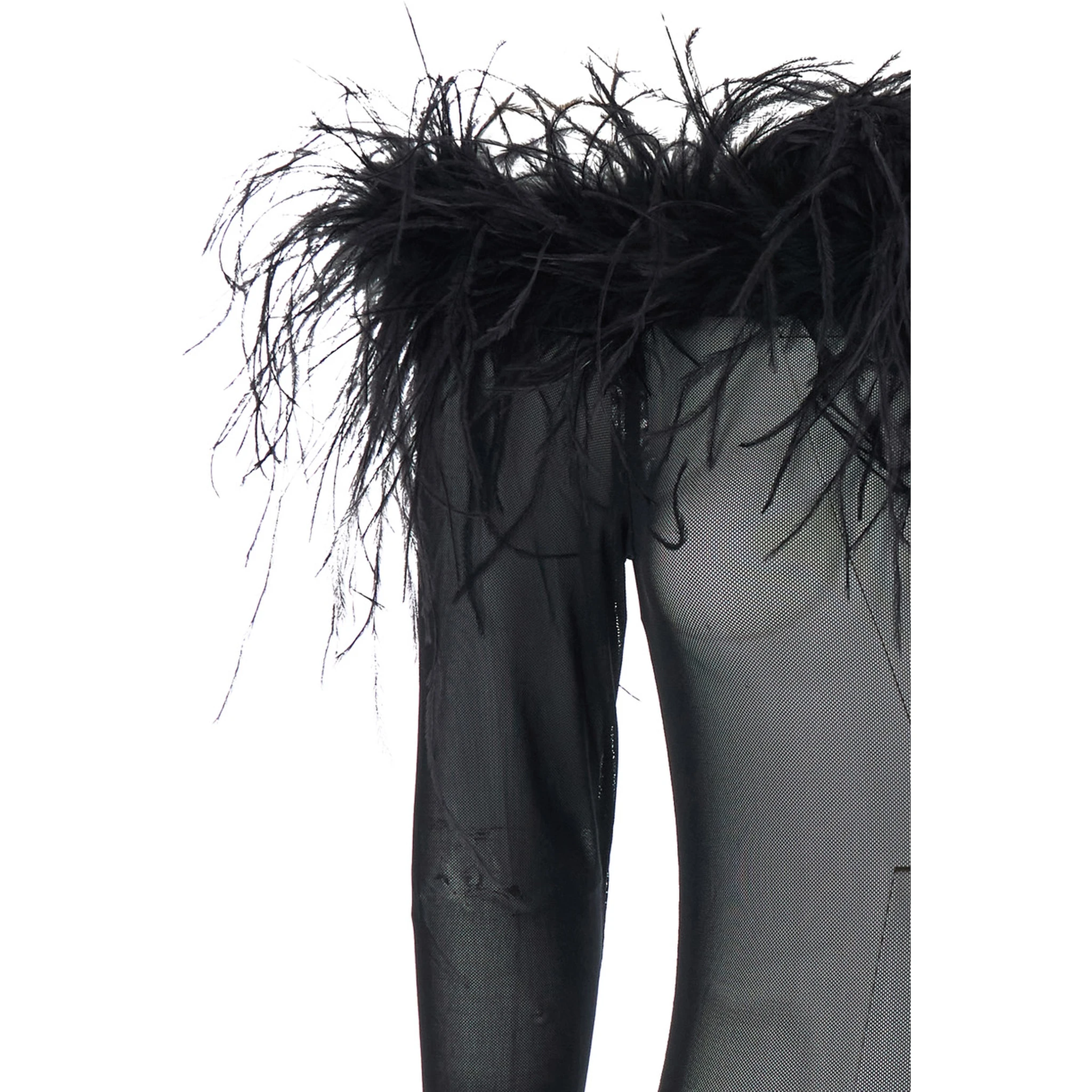Zuben Black Top with Boat Neck and Removable Feathers Applied to the Edges in Stretch Tulle Woman