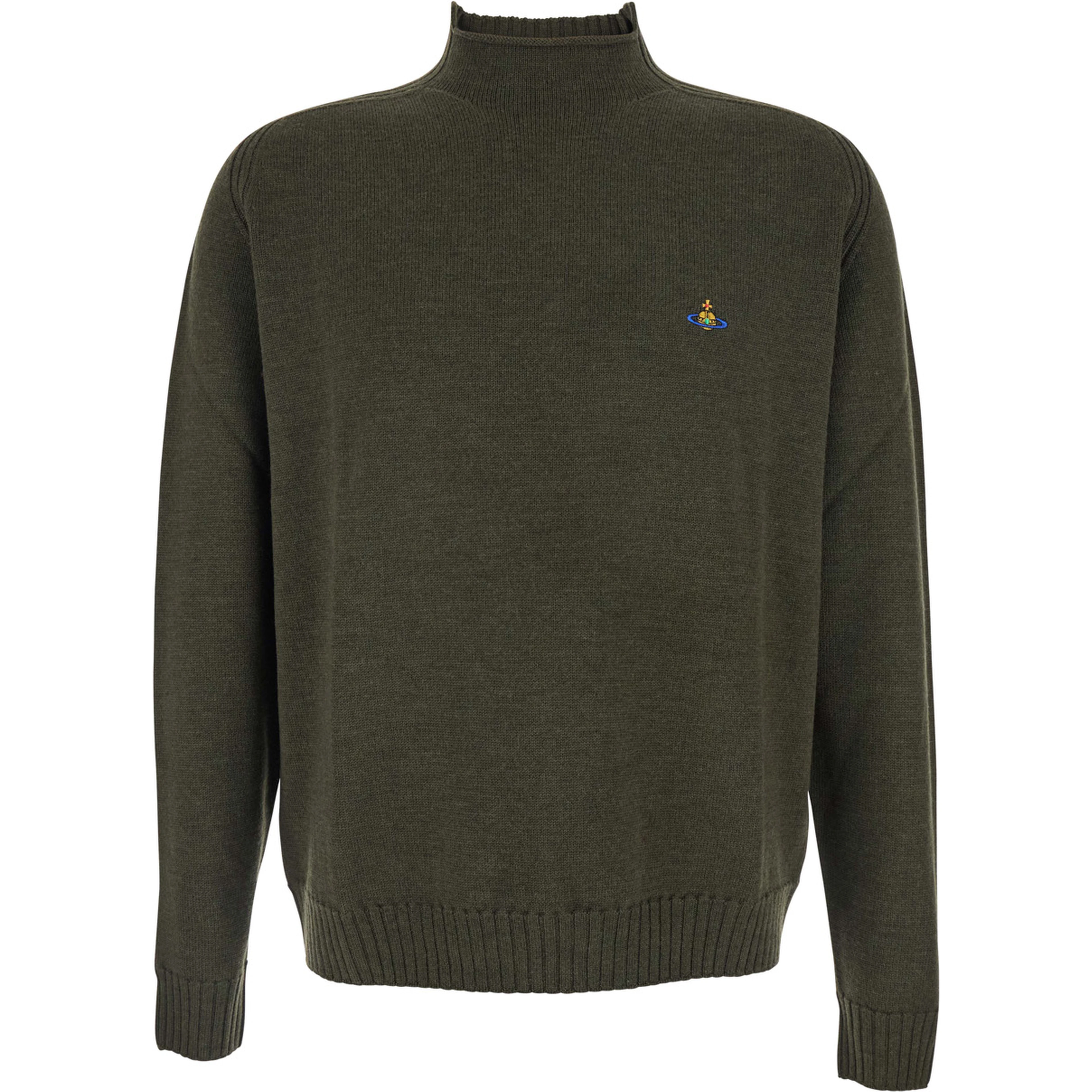 Green Crew Neck Sweater with Orb Logo Embroidered on the Front in Wool Blend Man