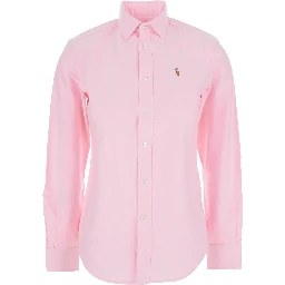 Pink Shirt with Classic Collar and Logo Embroidery on the Front in Cotton Woman