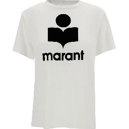 White Crewneck T-Shirt with Contrasting Logo Print in Linen Woman