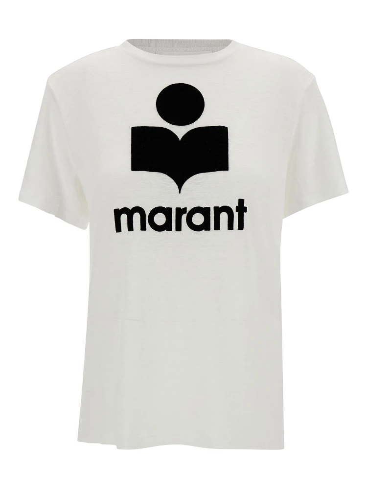 White Crewneck T-Shirt with Contrasting Logo Print in Linen Woman