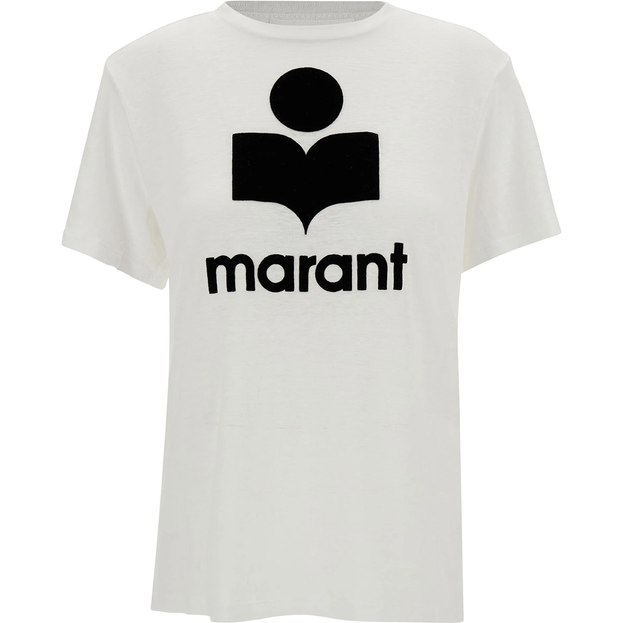 White Crewneck T-Shirt with Contrasting Logo Print in Linen Woman