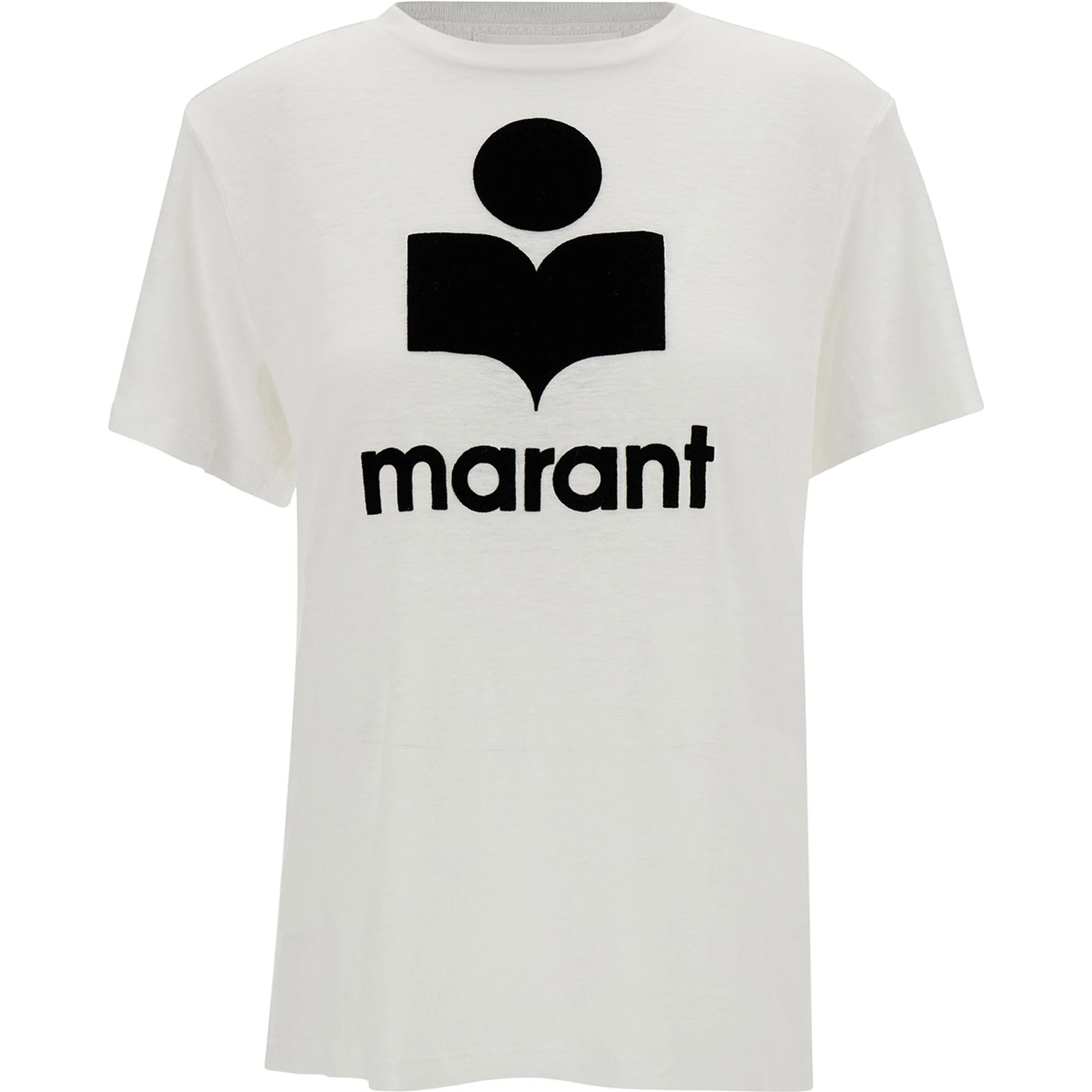 White Crewneck T-Shirt with Contrasting Logo Print in Linen Woman