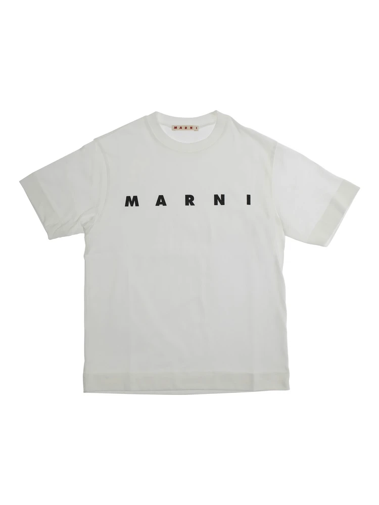 White Crewneck T-Shirt with Logo Lettering on the Front in Cotton Boy