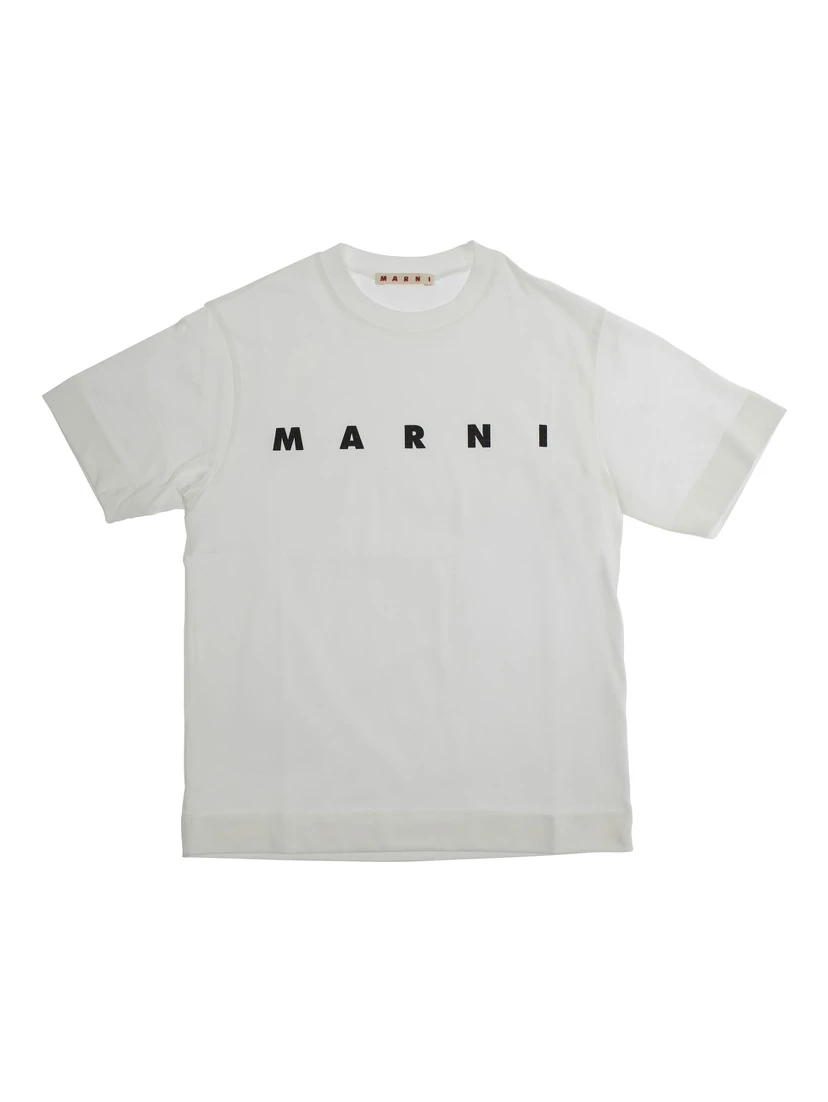White Crewneck T-Shirt with Logo Lettering on the Front in Cotton Boy