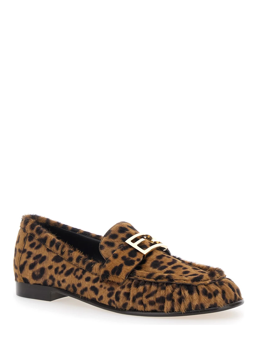 Brown Loafers with FF Plaque and Leopard Motif in Brushed Leather Woman