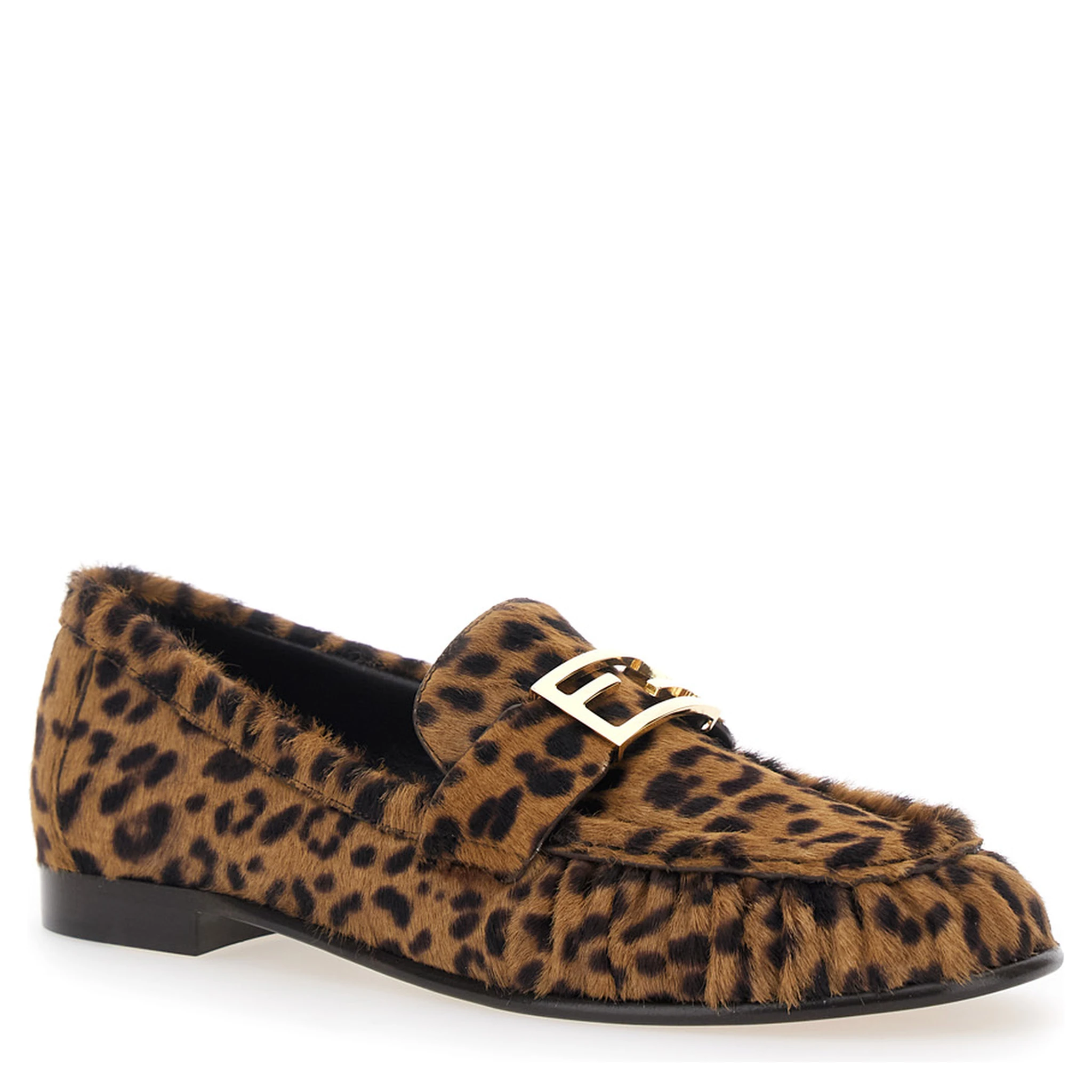 Brown Loafers with FF Plaque and Leopard Motif in Brushed Leather Woman