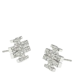 Kira Metallic Earings with Double T Motif and Crystal Embellishments in Silver Plated Brass Woman
