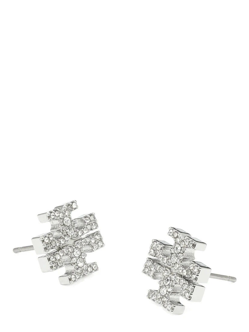 Kira Metallic Earings with Double T Motif and Crystal Embellishments in Silver Plated Brass Woman