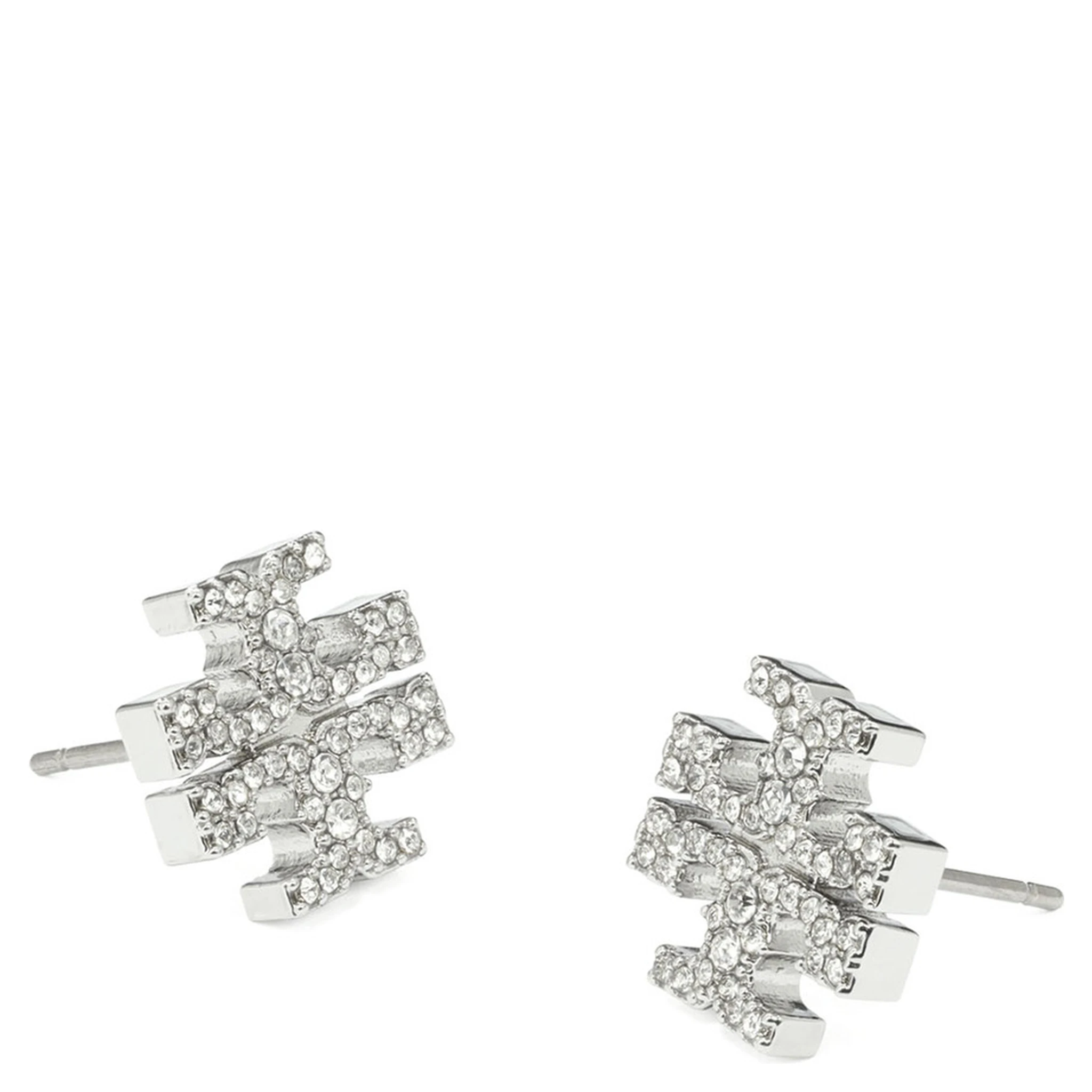 Kira Metallic Earings with Double T Motif and Crystal Embellishments in Silver Plated Brass Woman