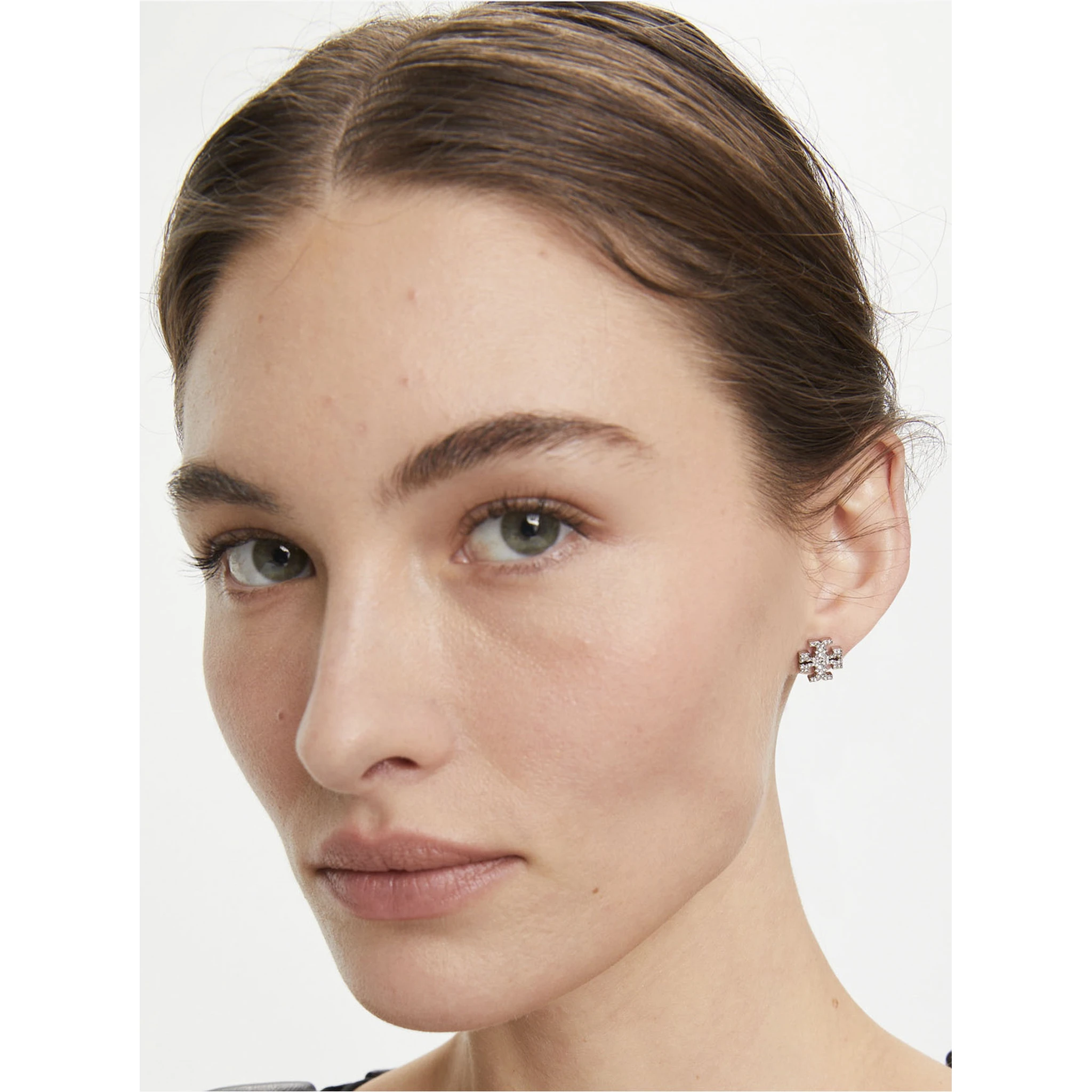 Kira Metallic Earings with Double T Motif and Crystal Embellishments in Silver Plated Brass Woman