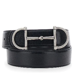 حزام أسود مزين بلجام حصان في الأمام، مصنوع من الجلد للرجال