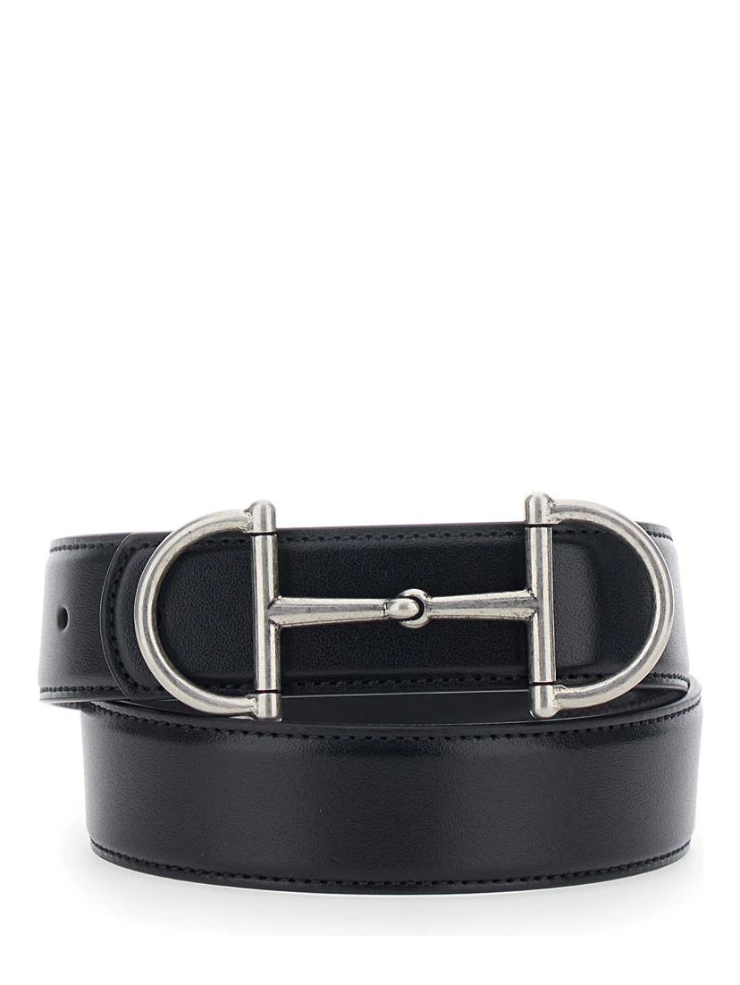 حزام أسود مزين بلجام حصان في الأمام، مصنوع من الجلد للرجال