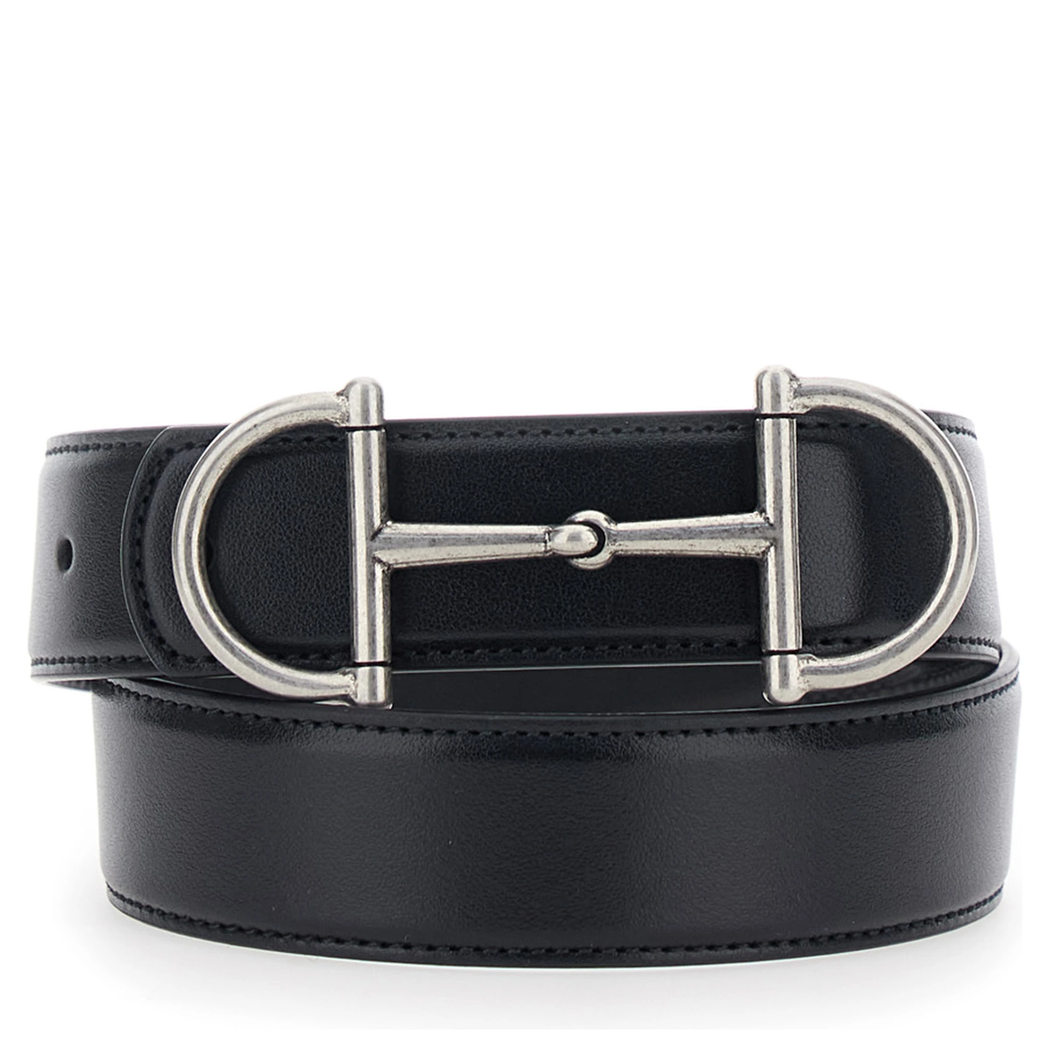 حزام أسود مزين بلجام حصان في الأمام، مصنوع من الجلد للرجال