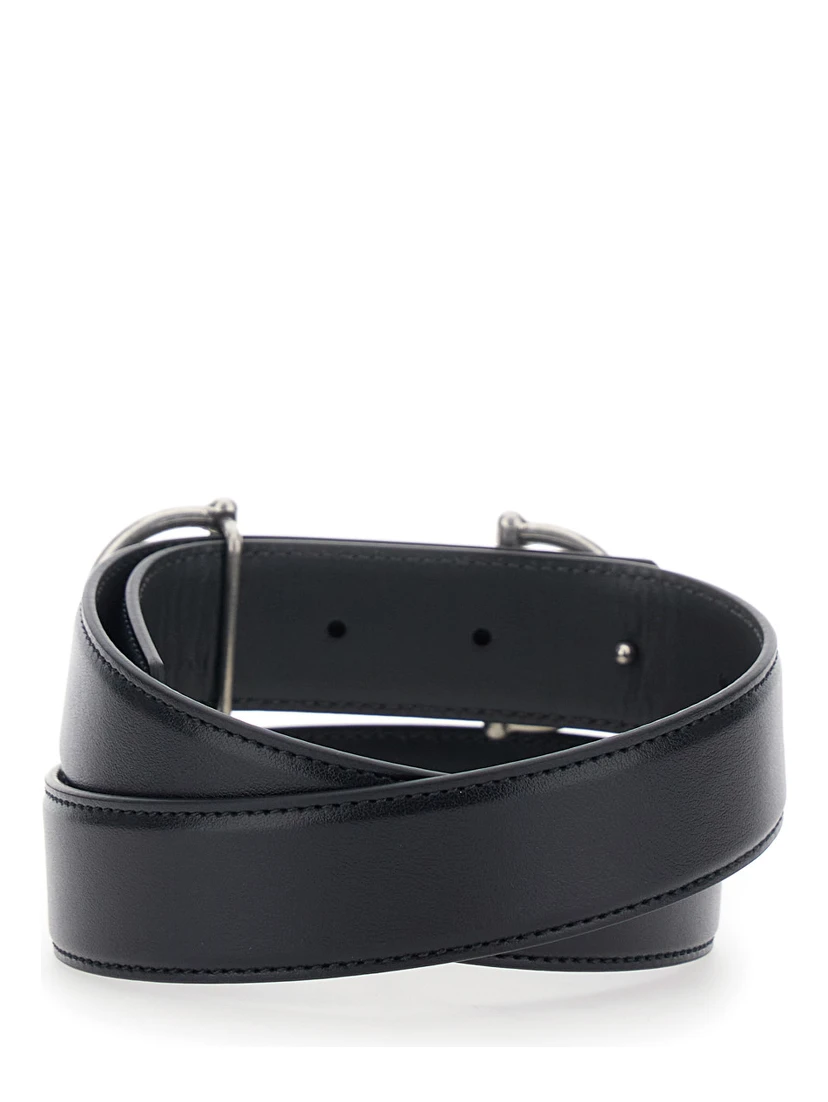 حزام أسود مزين بلجام حصان في الأمام، مصنوع من الجلد للرجال