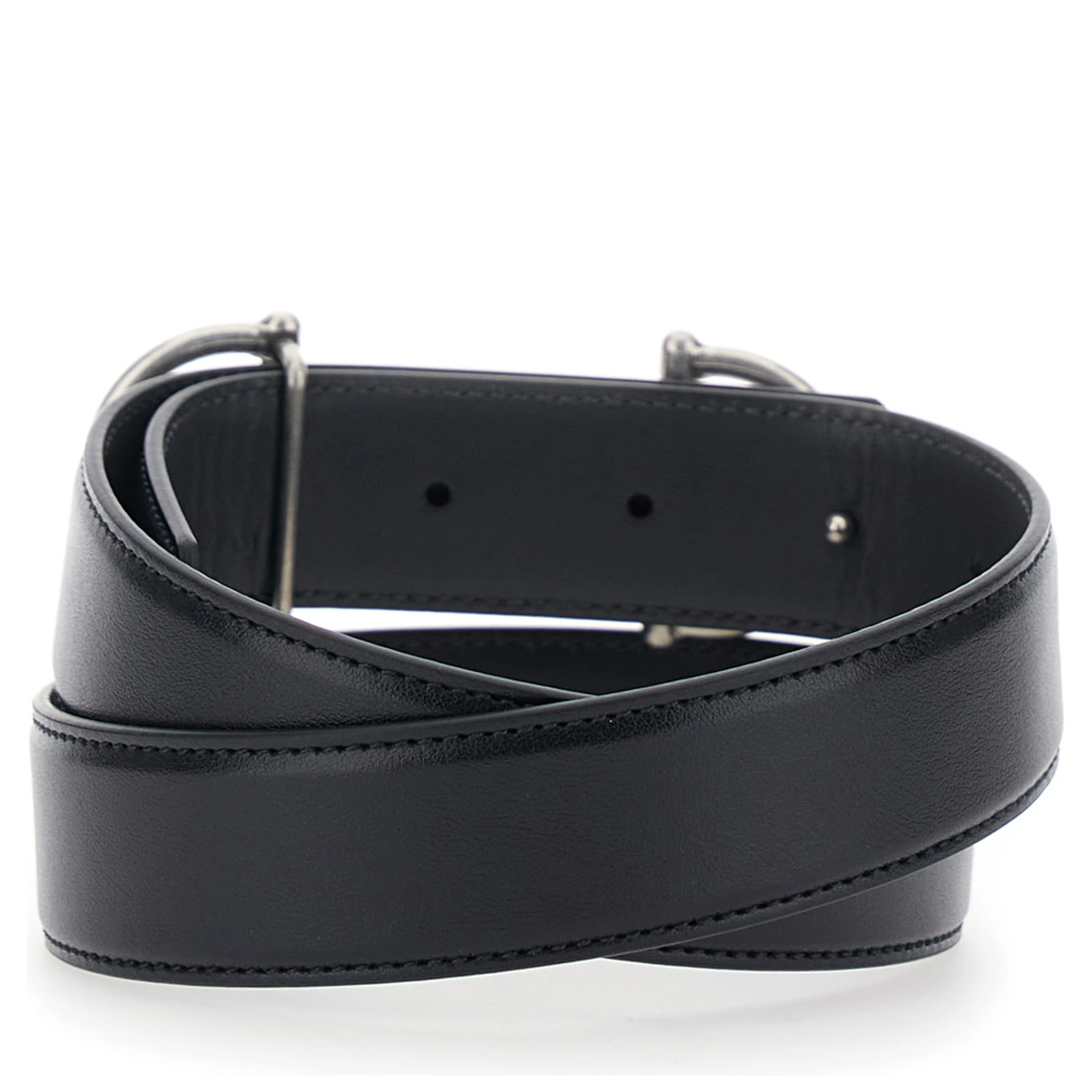 حزام أسود مزين بلجام حصان في الأمام، مصنوع من الجلد للرجال