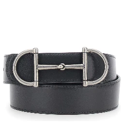 حزام أسود مزين بلجام حصان في الأمام، مصنوع من الجلد للرجال