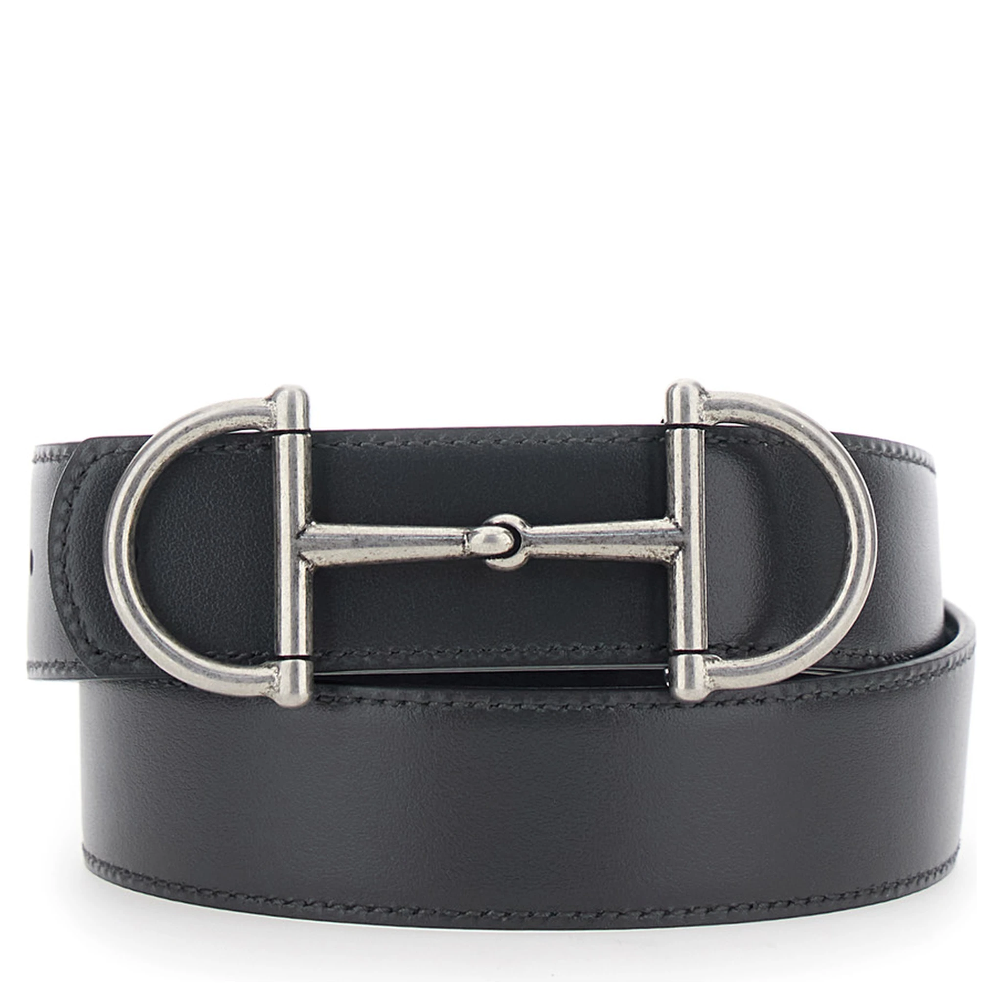 حزام أسود مزين بلجام حصان في الأمام، مصنوع من الجلد للرجال