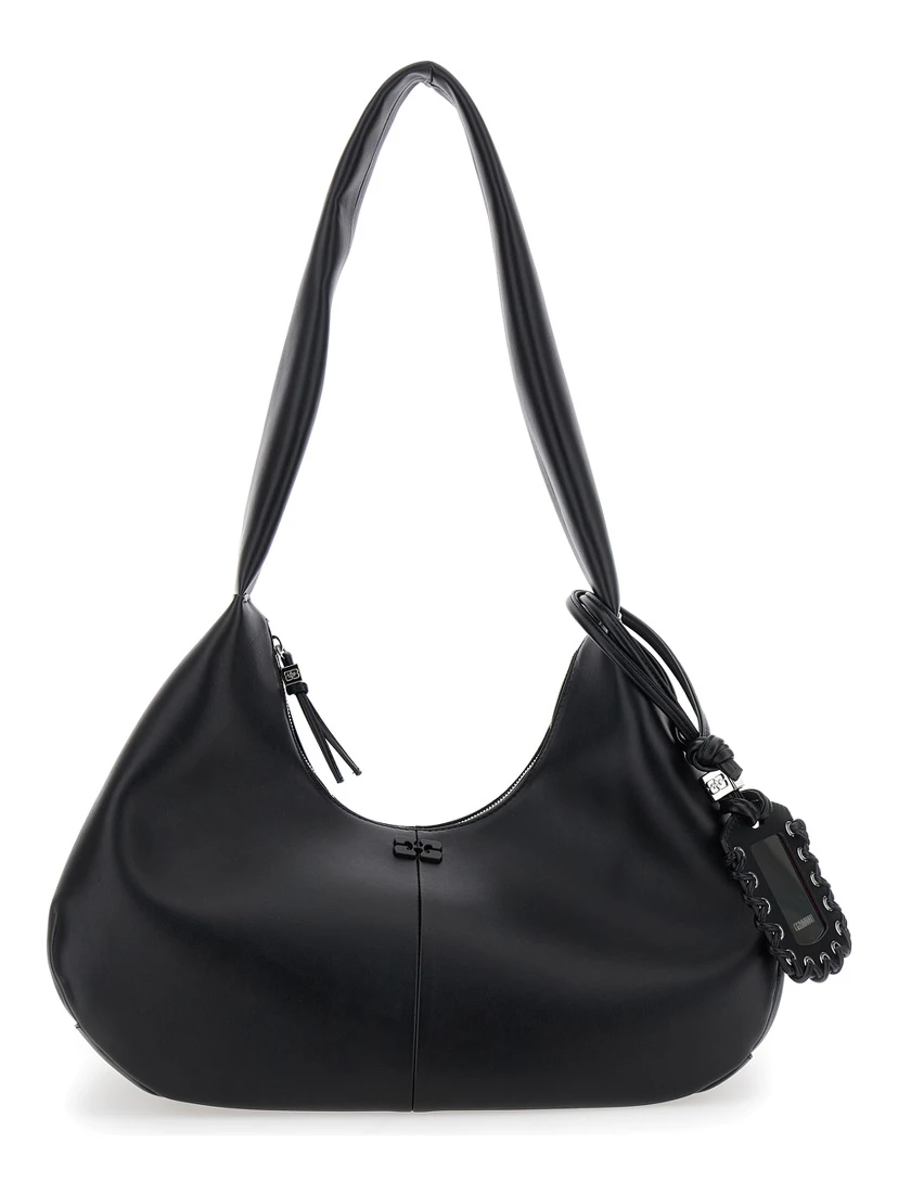 Bou Bag Hobo Medium Black Shoulder Bag with Shoulder Strap and Removable Logo Patch in Leather Woman