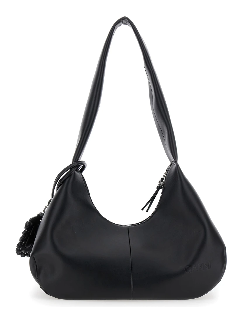 Bou Bag Hobo Medium Black Shoulder Bag with Shoulder Strap and Removable Logo Patch in Leather Woman