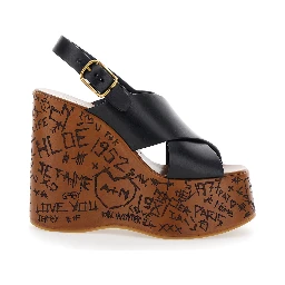 Maxime Black Wedges with High Embossed High Wedge Heel and Crossover Strap on the Toe in Leather Womam