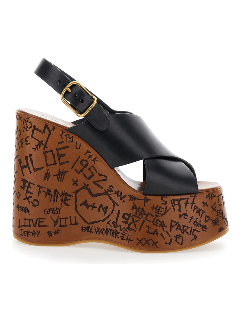 Maxime Black Wedges with High Embossed High Wedge Heel and Crossover Strap on the Toe in Leather Womam