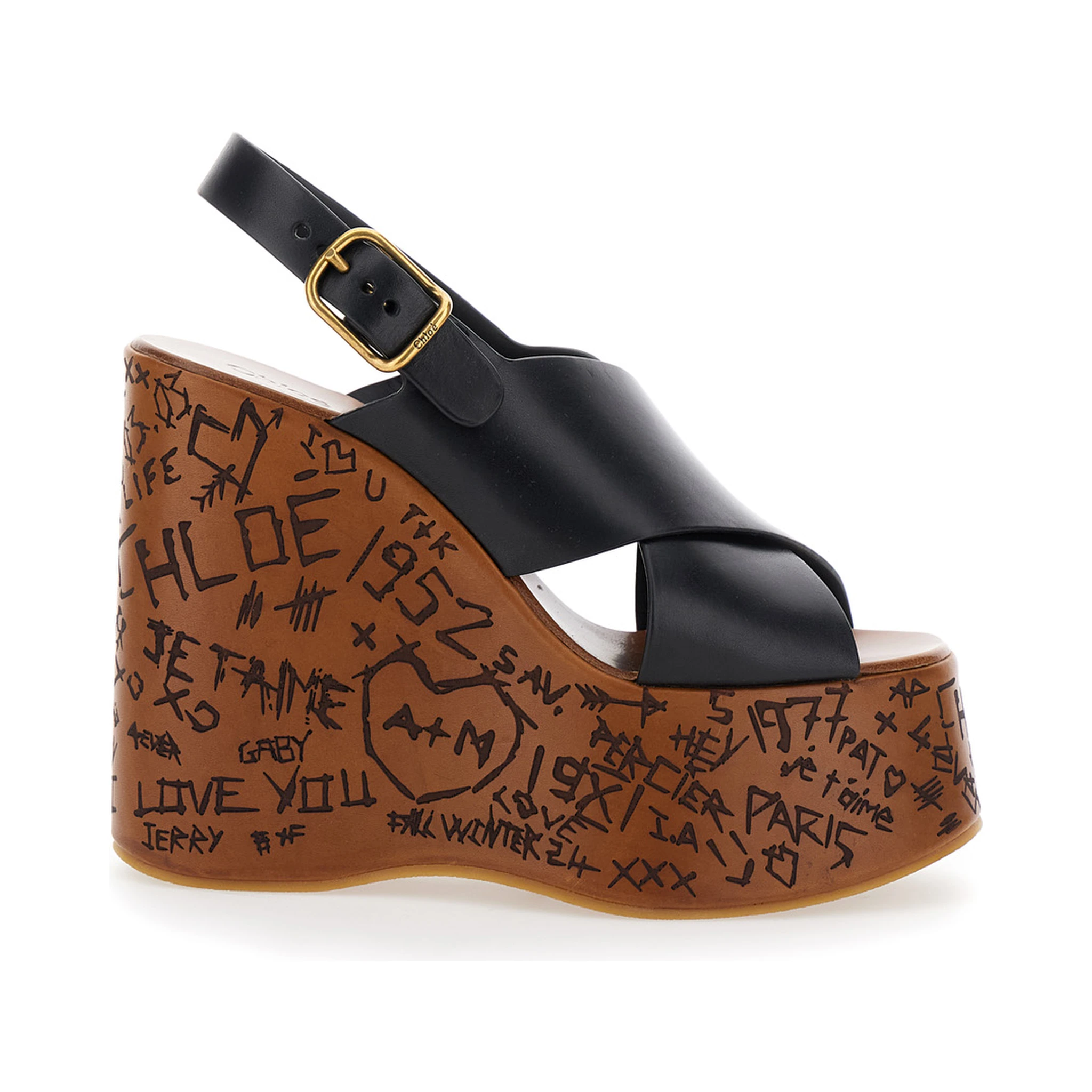Maxime Black Wedges with High Embossed High Wedge Heel and Crossover Strap on the Toe in Leather Womam