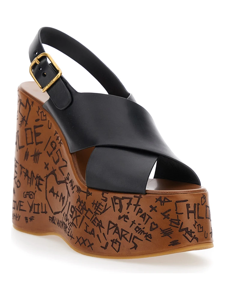Maxime Black Wedges with High Embossed High Wedge Heel and Crossover Strap on the Toe in Leather Womam alternative