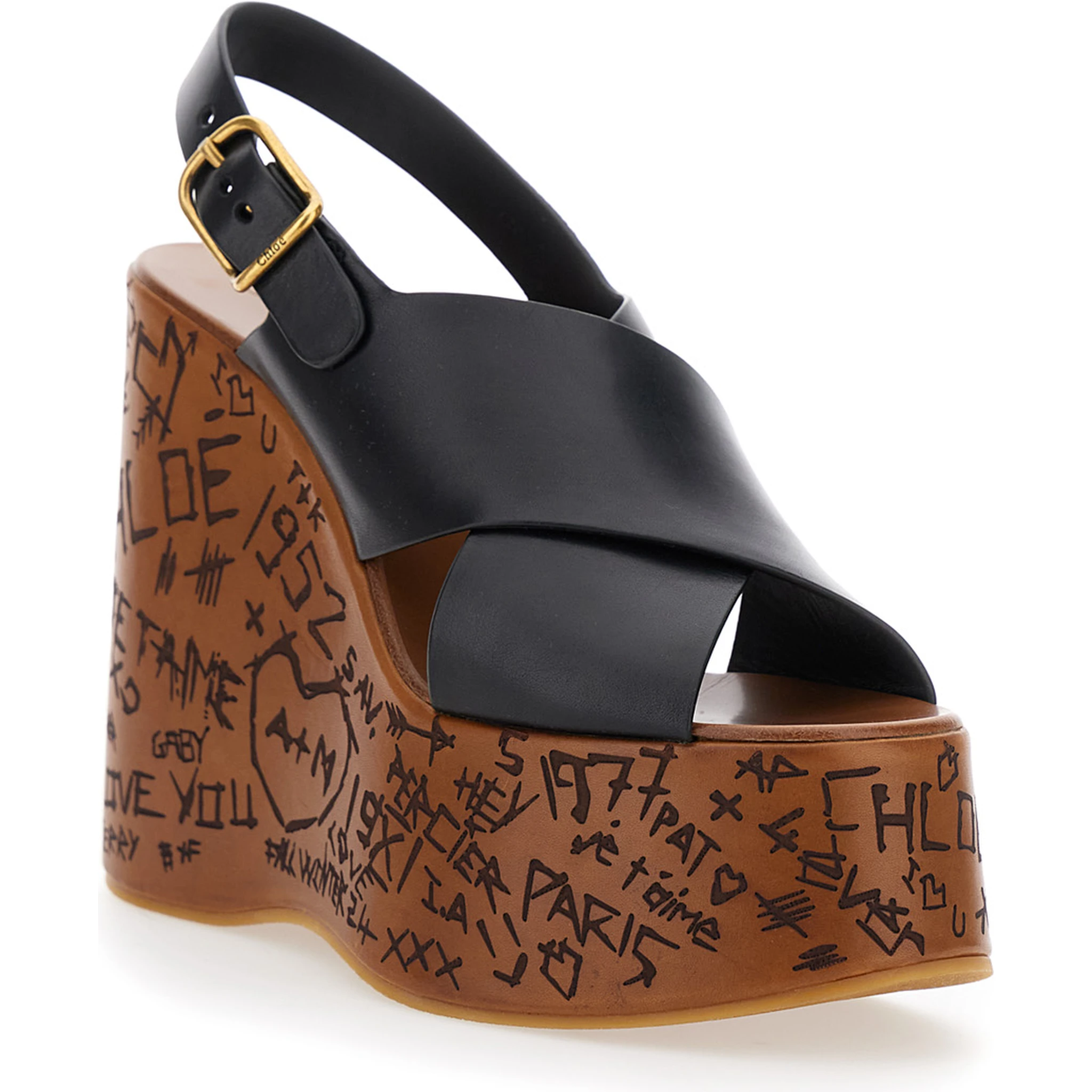 Maxime Black Wedges with High Embossed High Wedge Heel and Crossover Strap on the Toe in Leather Womam