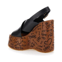 Maxime Black Wedges with High Embossed High Wedge Heel and Crossover Strap on the Toe in Leather Womam