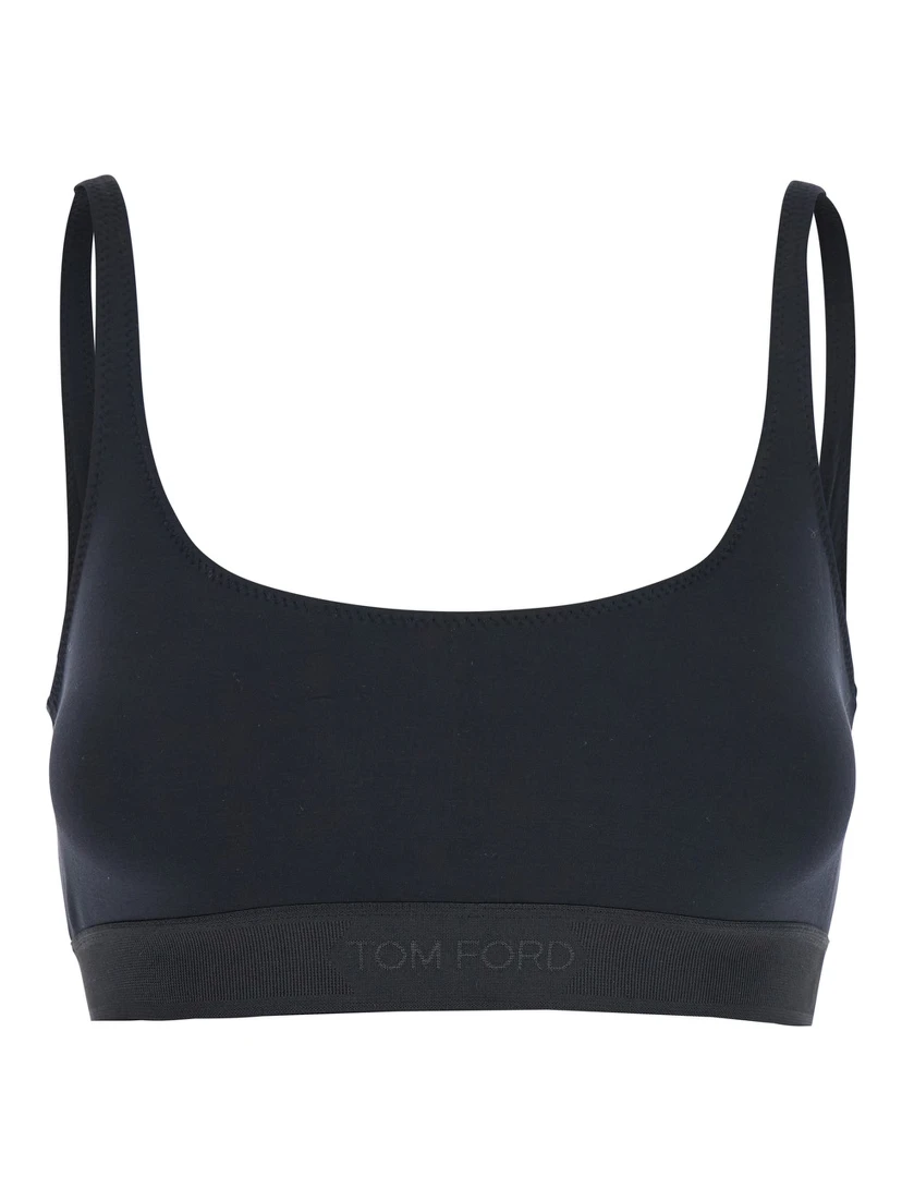 Black Bralette Top with Scoop Neck and Logo Lettering on the Front in Modal Stretch Woman