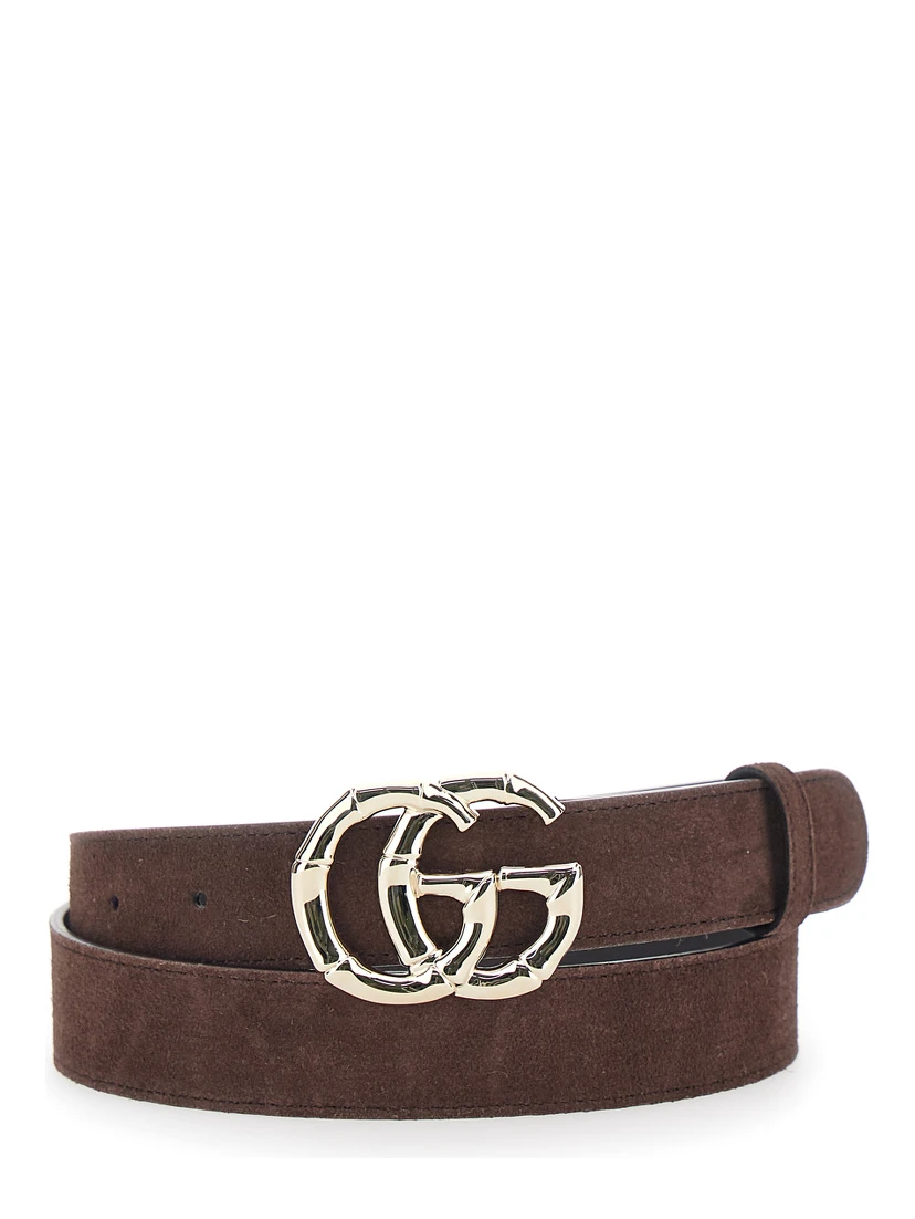 Brown Belt with GG Buckle Closure on the Front in Suede Woman