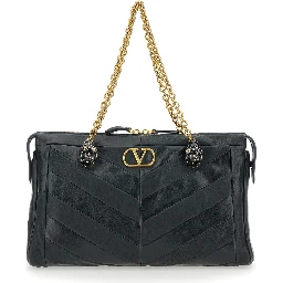 Panthea Black Shoulder Bag with VLogo Plaque on the Front and Panther Embellishment in Leather Woman