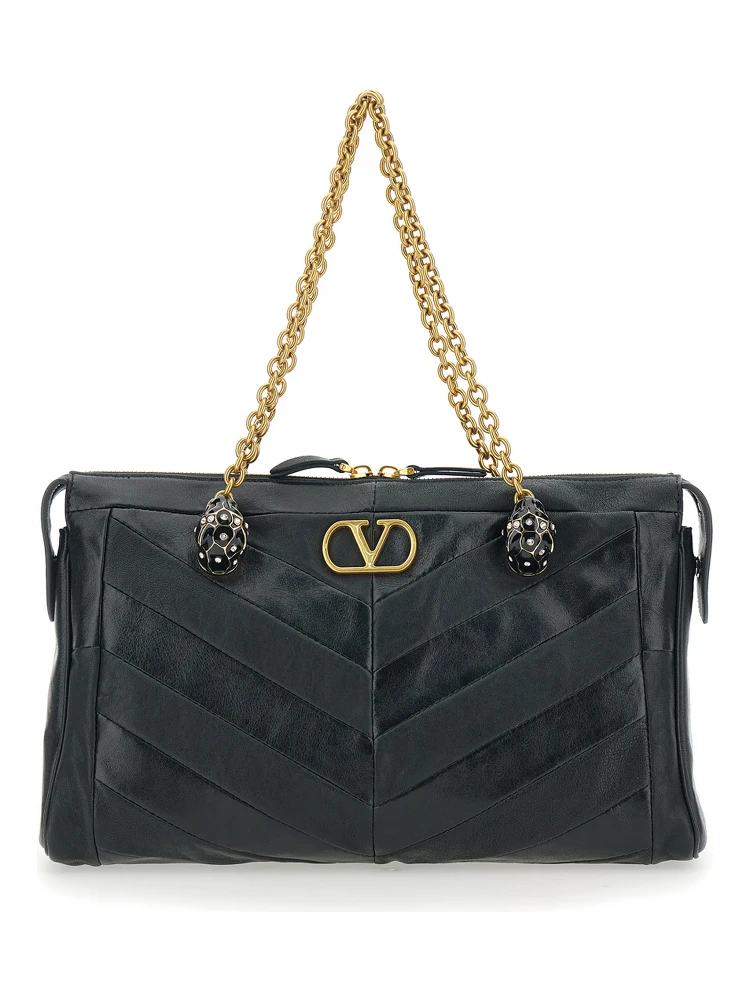 Panthea Black Shoulder Bag with VLogo Plaque on the Front and Panther Embellishment in Leather Woman