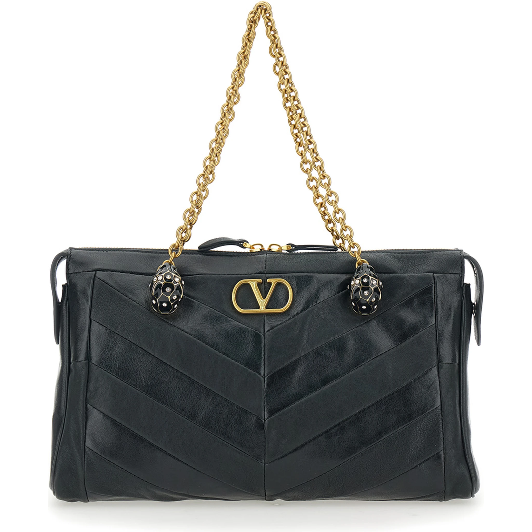 Panthea Black Shoulder Bag with VLogo Plaque on the Front and Panther Embellishment in Leather Woman