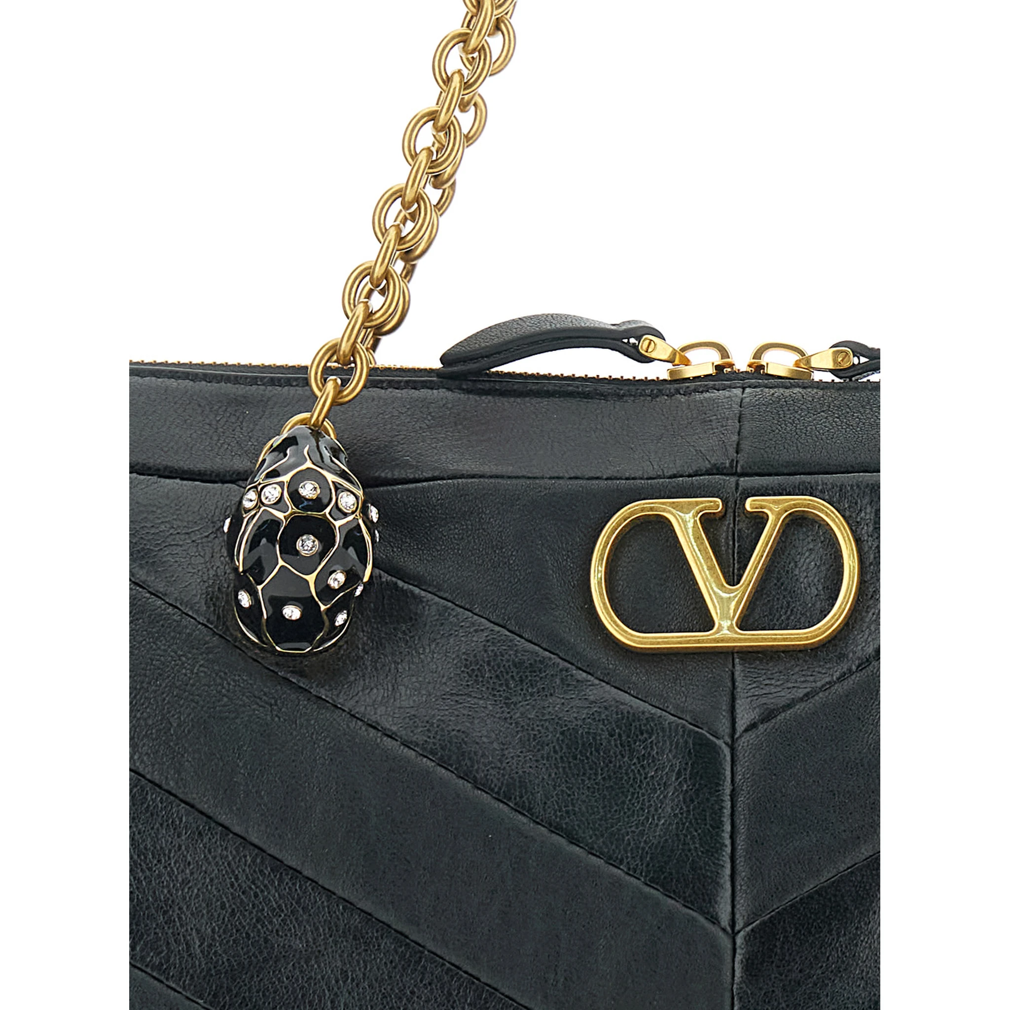 Panthea Black Shoulder Bag with VLogo Plaque on the Front and Panther Embellishment in Leather Woman