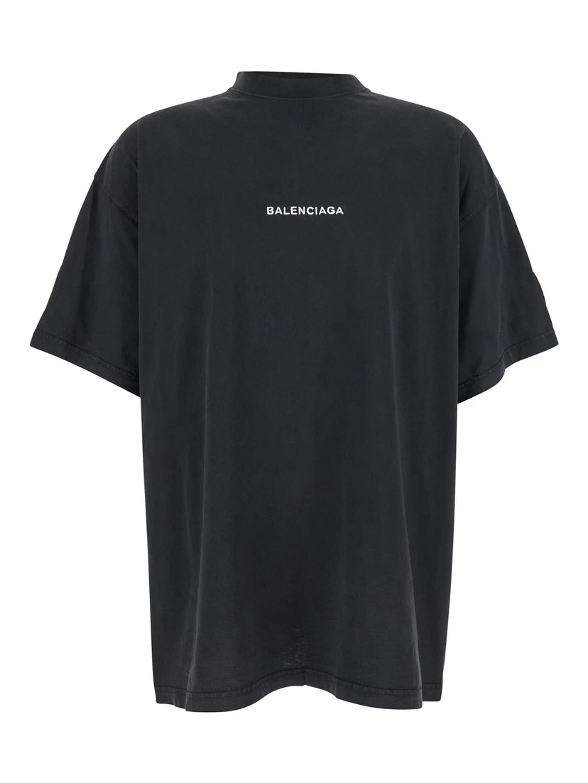 Black Crewneck T-Shirt with Logo Lettering on the Front and Logo Patch on the Sleeve in Cotton Man