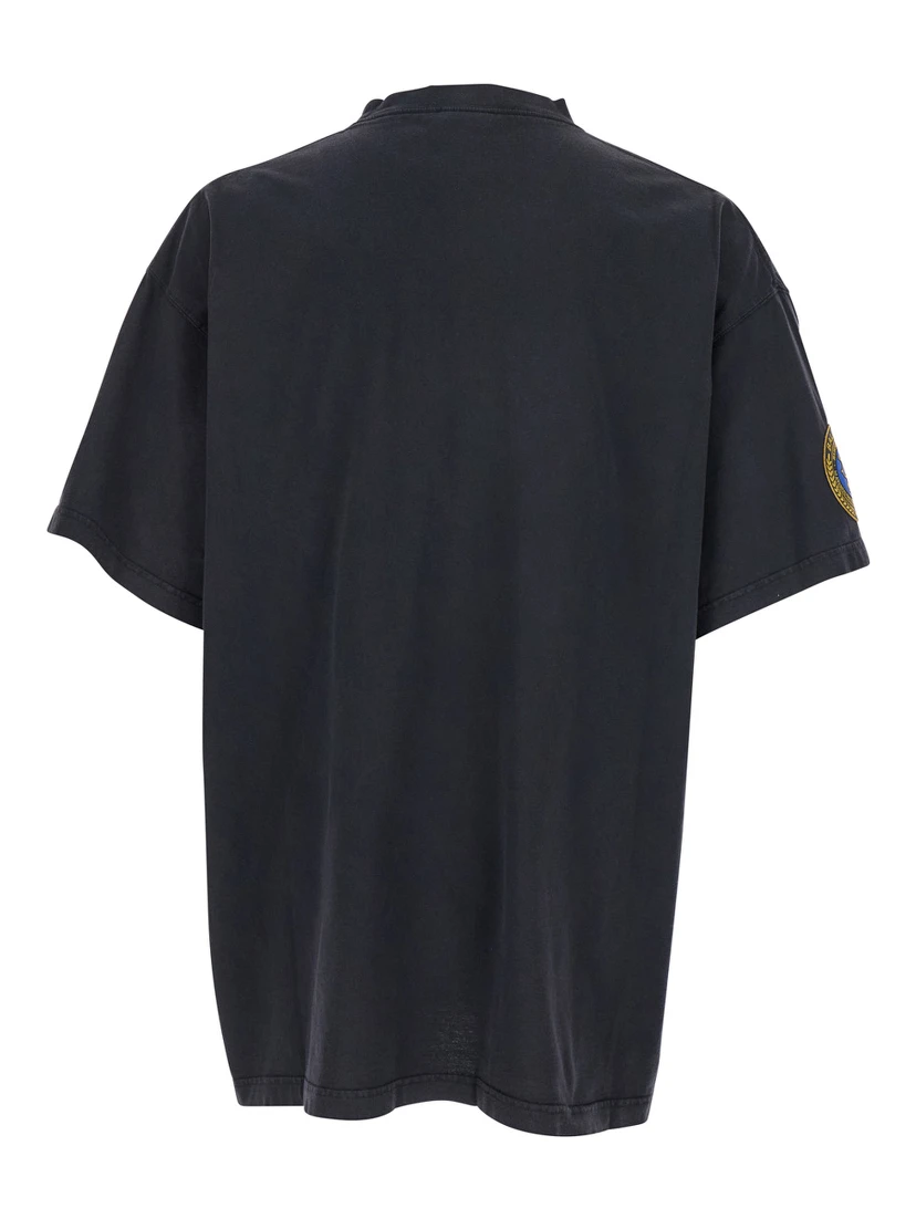 Black Crewneck T-Shirt with Logo Lettering on the Front and Logo Patch on the Sleeve in Cotton Man