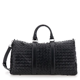 Black Travel Bag with Intrecciato Motif and Shoulder Strap in Leather Man
