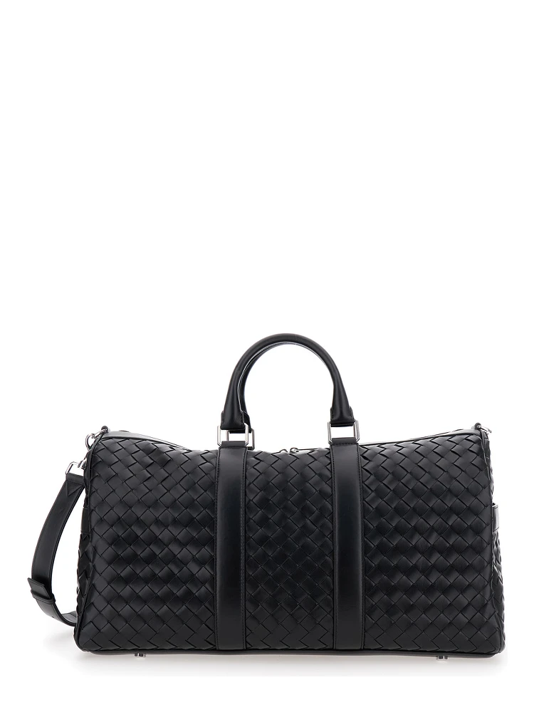 Black Travel Bag with Intrecciato Motif and Shoulder Strap in Leather Man